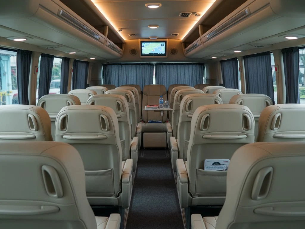 Interior mobil travel yang rapi dan nyaman, penumpang melihat keluar jendela untuk mencegah mabuk