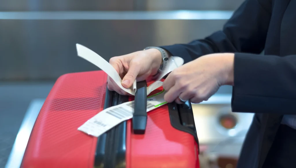 Petugas memasang label bagasi pada koper penumpang di konter check-in