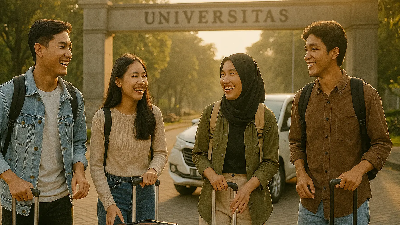Empat mahasiswa membawa koper dan ransel di depan gerbang kampus saat sore hari
