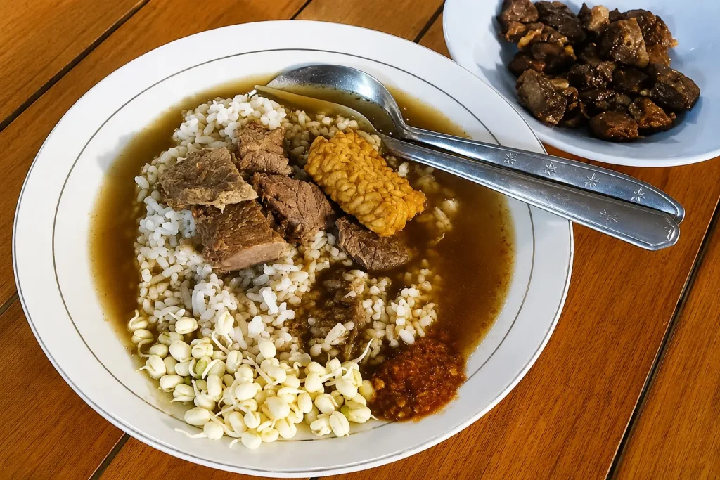 Semangkuk rawon panas dengan tauge dan sambal, salah satu menu yang dicari di tempat makan 24 jam di Malang sebelum berangkat dini hari ke Bandara Juanda
