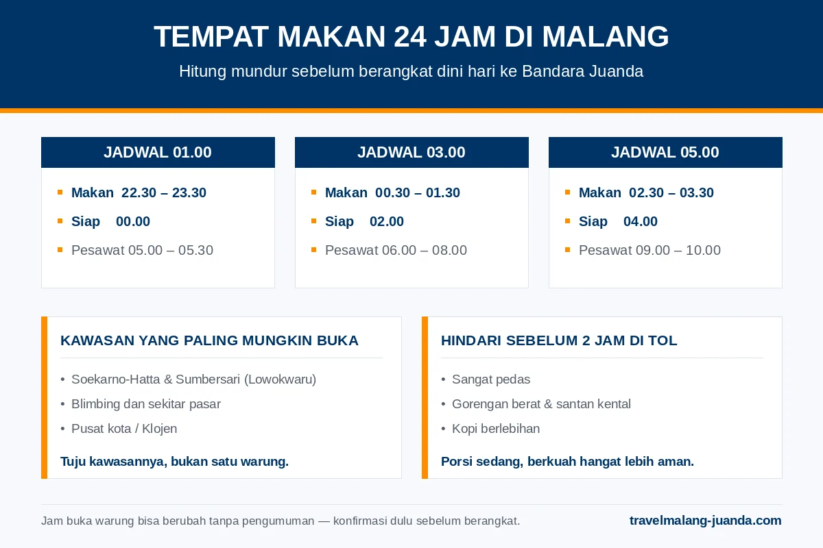 Infografik hitung mundur makan sebelum berangkat dini hari ke Bandara Juanda dan kawasan tempat makan 24 jam di Malang