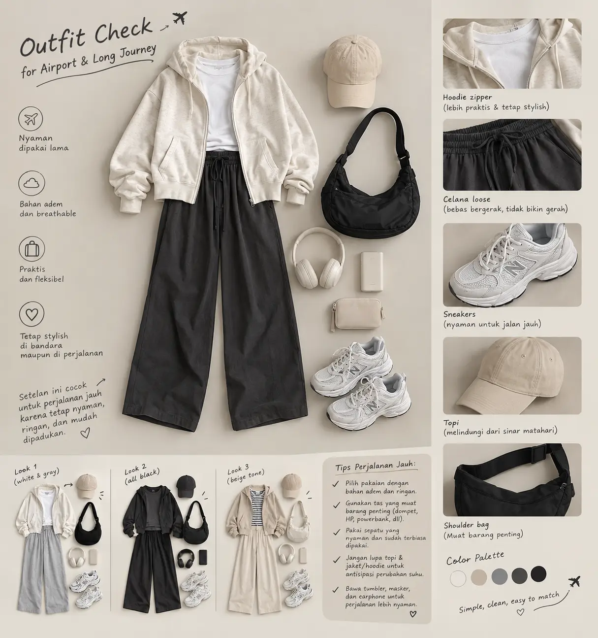 Infografis outfit perjalanan ke bandara: hoodie zipper, celana loose, sneakers, dan tas kecil