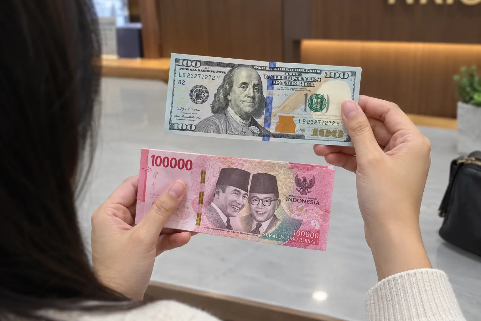 Lembaran Rp100.000 dan 100 dolar AS, gambaran rupiah melemah untuk liburan ke luar negeri