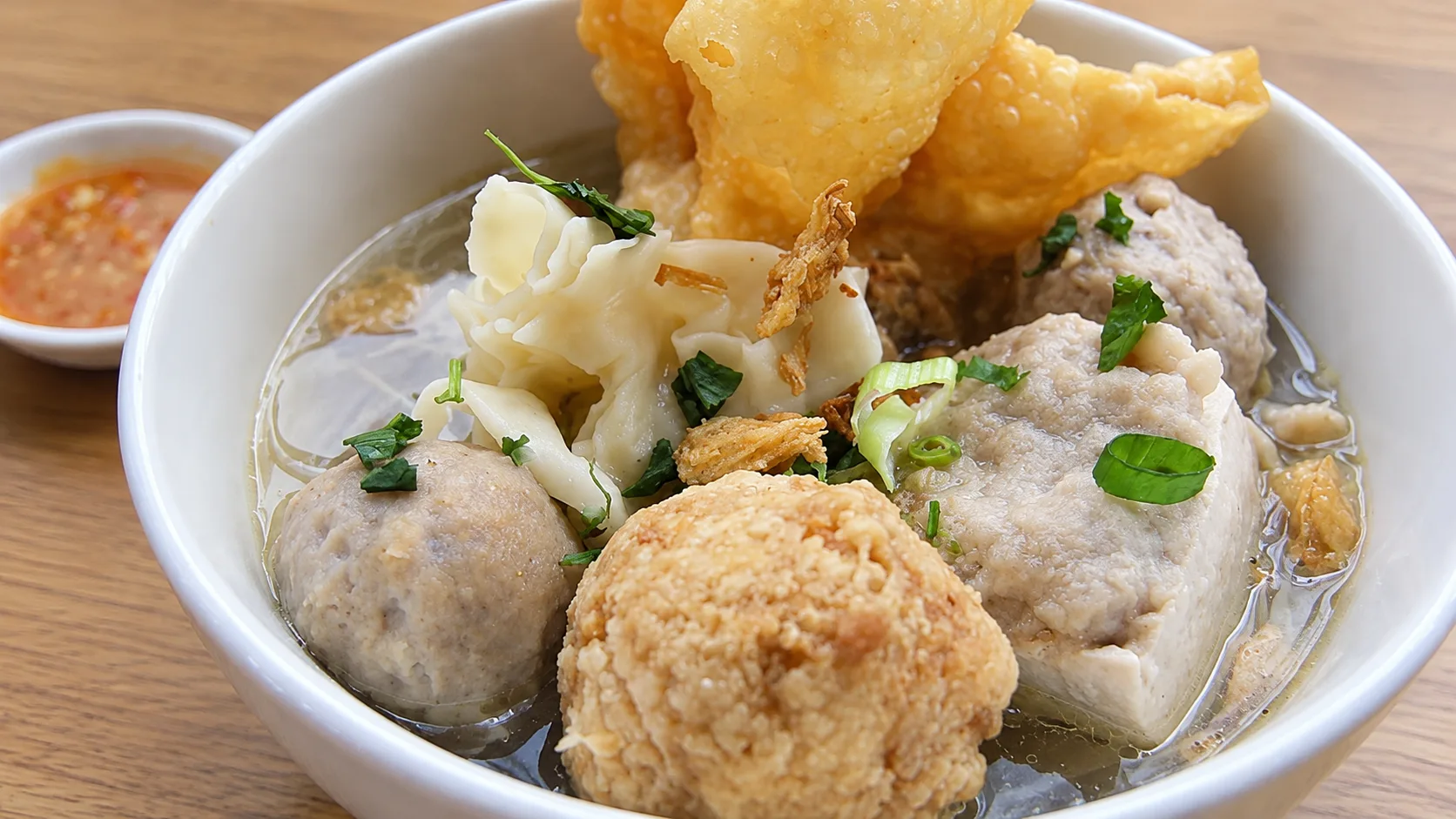 Semangkuk bakso Malang campur berkuah bening berisi pentol, tahu bakso, siomay, pangsit goreng, dan bakso goreng, dengan sambal di mangkuk kecil