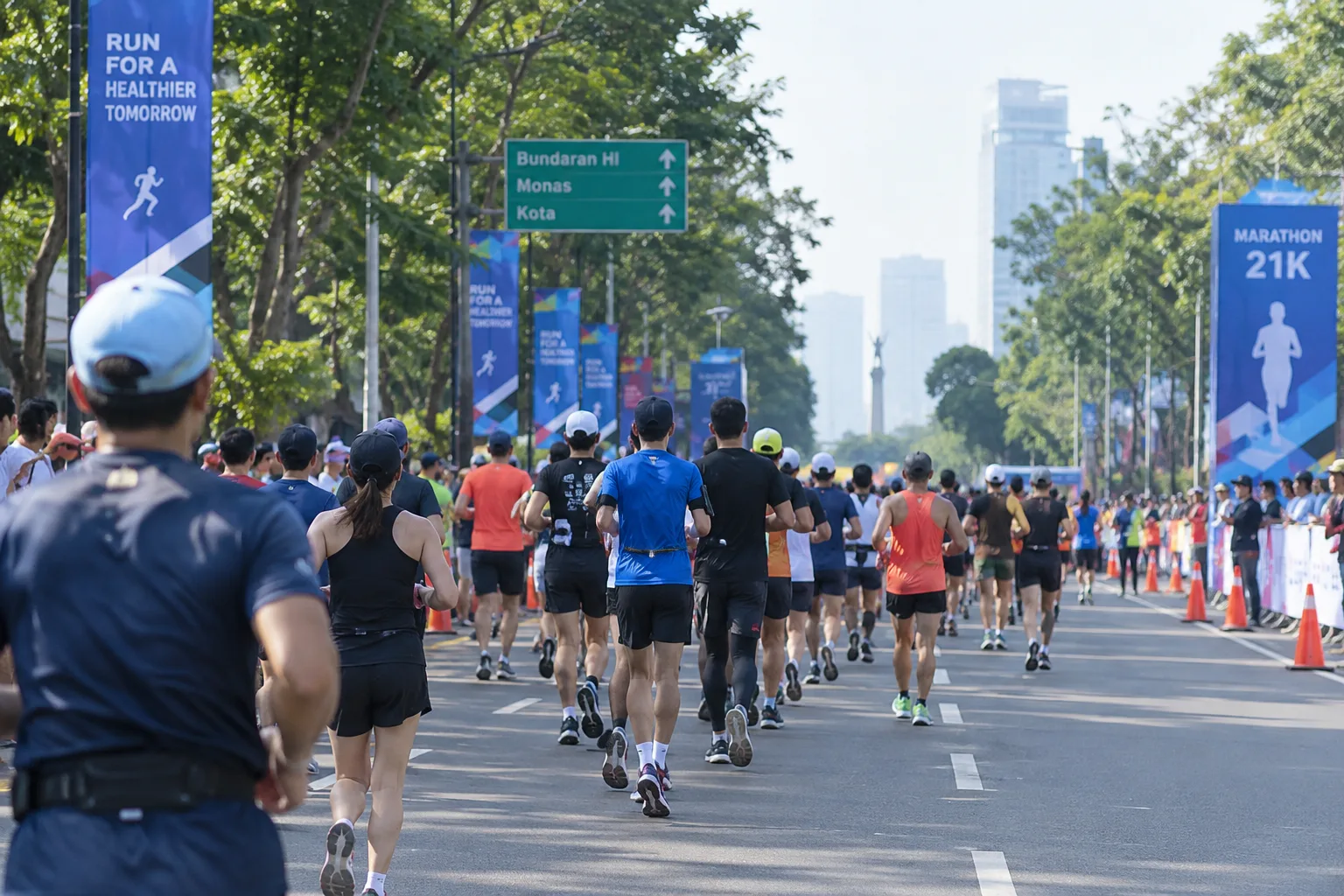 Rombongan peserta lomba lari berlari di jalan raya Jakarta dengan papan penunjuk arah Bundaran HI dan Monas